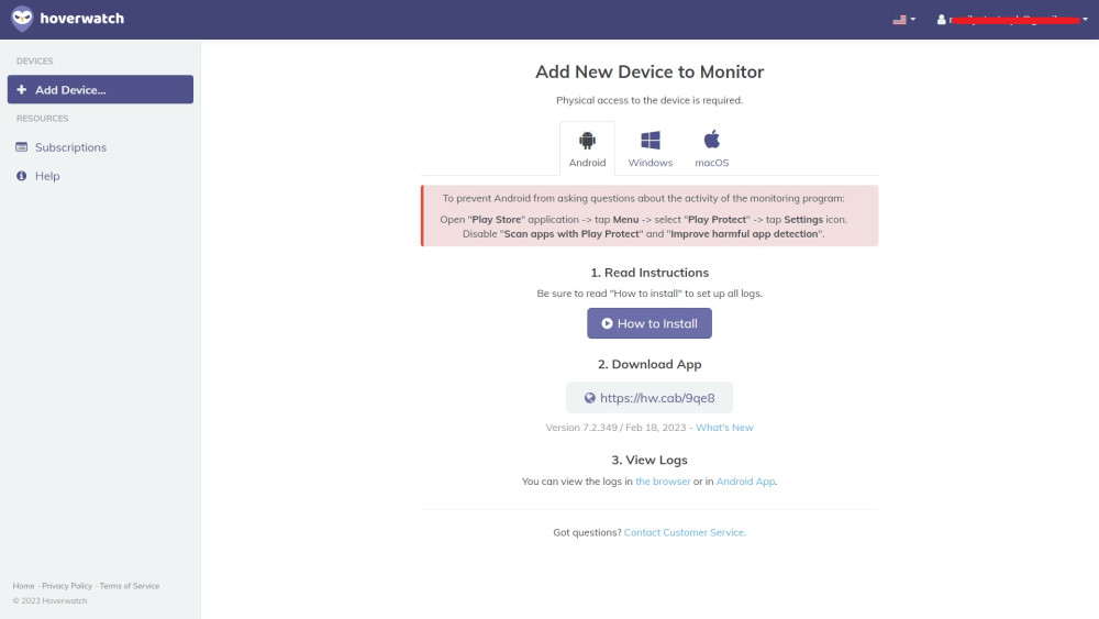 Hoverwatch download page for Android
